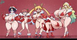Rule 34 | 5girls, alternate breast size, areola slip, artist name, bell, bikini, black hair, blonde hair, blue eyes, blush, breasts, cameltoe, cape, choker, christmas, cleavage, closed eyes, covered erect nipples, dragon girl, dragon horns, earrings, elma (maidragon), embarrassed, fingerless gloves, flat chest, fur-trimmed cape, fur-trimmed jacket, fur trim, gigantic breasts, glasses, gloves, green hair, hair bell, hair ornament, hand on own hip, hat, height difference, high heels, highres, horns, huge breasts, ilulu (maidragon), jacket, jewelry, jingle bell, kobayashi-san chi no maidragon, kobayashi (maidragon), large areolae, long hair, lucoa (maidragon), multicolored hair, multiple girls, navel, open mouth, platform footwear, plump, purple hair, red background, red bikini, red cape, red choker, red eyes, red gloves, red hair, red jacket, rimless eyewear, santa costume, santa hat, sharp teeth, short hair, shortstack, sidelocks, simple background, single horn, smile, snow, srbready, swimsuit, teeth, thick thighs, thighs, tohru (maidragon), twintails, upper teeth only, wide hips, yellow eyes, yellow horns