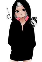 1girl absurdres black_eyes character_doll doll ear_piercing face_piercing facial_tattoo grey_hair highres hood hood_up lip_piercing long_hoodie looking_at_viewer original parted_lips piercing short_hair simple_background solid_eyes solo tattoo translation_request untsuku white_background