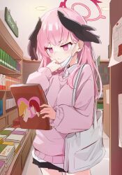 1girl absurdres bag black_skirt black_wings blue_archive book bookshelf bookstore commentary feathered_wings frown halo head_wings highres holding holding_book indoors koharu_(blue_archive) long_hair long_sleeves mask mask_pull miniskirt mouth_mask pink_eyes pink_hair pink_sweater shirt shop shoulder_bag sign skirt solo sweater untucked_shirt wep16night white_shirt wing_collar wings
