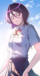 Rule 34 | 1girl, absurdres, black skirt, bleach, blue sky, bob cut, bow, bowtie, breast pocket, cloud, collared shirt, commentary, cowboy shot, dress shirt, eyelashes, film grain, from below, frown, furrowed brow, gradient background, hair between eyes, highres, karakura high school uniform, korean commentary, kuchiki rukia, light particles, long bangs, looking at viewer, looking down, n (nauki 11), outdoors, parted lips, pleated skirt, pocket, purple eyes, purple hair, red bow, red bowtie, school uniform, shirt, short hair, skirt, sky, solo, white background, white shirt