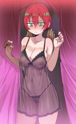 1girl amate_yuzuriha aqua_eyes babydoll bare_shoulders black_negligee blush bow_(bhp) breasts cameltoe cleavage closed_mouth collarbone covered_erect_nipples covered_navel curtains gundam gundam_gquuuuuux highres large_breasts lingerie navel negligee nipples panties prostitution red_hair see-through_clothes short_hair underwear