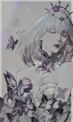 artist_name bug butterfly butterfly_earrings castorice_(honkai:_star_rail) closed_eyes collar colored_inner_hair commentary dardan_21 dress earrings expressionless flower frilled_collar frills hair_ornament head_tilt head_wreath highres honkai:_star_rail honkai_(series) insect jewelry long_hair multicolored_hair parted_lips pointy_ears purple_butterfly purple_flower purple_hair simple_background spiked_hair_ornament strapless strapless_dress symbol-only_commentary too_many too_many_butterflies upper_body white_dress