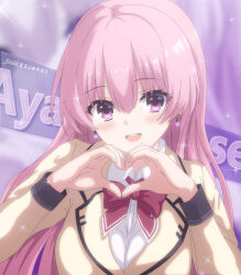 1girl :d absurdres anime_coloring blurry blurry_background blush bow bowtie breasts character_name collared_shirt commentary earrings english_commentary eyelashes eyes_visible_through_hair hair_between_eyes hand_up hands_up happy heart heart_earrings heart_hands highres jacket jewelry kikka_academy_school_uniform large_breasts long_hair long_sleeves looking_at_viewer mitsukasa_ayase open_mouth pink_hair purple_background purple_eyes red_bow red_bowtie riddle_joker school_uniform shirt simple_background smile solo sparkle straight_hair teeth upper_body upper_teeth_only user_rntw2735 very_long_hair white_shirt yellow_jacket