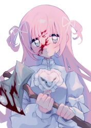 1girl axe blood blood_on_face bloody_weapon bow closed_mouth expressionless frills grey_eyes highres holding holding_axe long_hair long_sleeves looking_at_viewer original pink_hair sheep_print shizumu_(shi_zumu) simple_background solo sparkle two_side_up upper_body weapon white_background white_bow