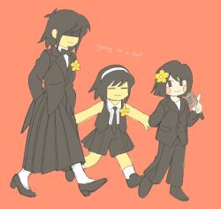 Rule 34 | 3others, alternate costume, brown pants, brown shoes, brown skirt, brown suit, brown vest, chara (undertale), deltarune, flat color, flower, formal clothes, frisk (undertale), highres, holding, holding microphone, kris (deltarune), microphone, multiple others, pants, red background, shaded face, shoes, simple background, skirt, smile, socks, suit, ttudolee, undertale, vest, walking, white socks, yellow flower