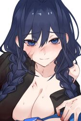 1girl absurdres black_dress black_hair blue_eyes blush braid dress highres hololive hololive_english hunk_404 looking_at_viewer low_twin_braids ouro_kronii ouro_kronii_(maid) solo sweat twin_braids virtual_youtuber