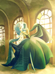 1girl absurdres alternate_color arm_up artist_name backless_dress backless_outfit black_dress black_gloves blue_hair blurry blurry_background bob_cut colored_skin curtsey dress elbow_gloves female_focus flat_chest full_body gardevoir gen_3_pokemon gloves hair_over_one_eye half-closed_eyes hand_up happy highres indoors lifting_own_clothes long_dress looking_down mega_gardevoir mega_pokemon nintendo no_feet one_eye_covered open_mouth pokemon pokemon_(creature) shiny_pokemon short_hair smile solo standing strapless strapless_dress watermark white_skin window yellow_eyes yuhata_(yuh4t4)