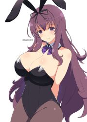Rule 34 | 1girl, absurdres, animal ears, arms behind back, black leotard, black pantyhose, bow, bowtie, breasts, cleavage, commentary, detached collar, english commentary, fake animal ears, hair ribbon, hairband, highres, large breasts, leotard, light frown, long hair, lughost, murasaki (senran kagura), pantyhose, playboy bunny, purple bow, purple bowtie, purple eyes, purple hair, rabbit ears, ribbon, senran kagura, solo, white background