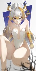 1girl absurdres alternate_costume arknights arm_support armpit_crease bare_arms bare_legs bare_shoulders blonde_hair blue_hair blue_skin blurry blurry_foreground center_opening closed_mouth colored_extremities colored_skin dot_nose dragon_girl dragon_horns eastern_dragon_horns eyeliner fang groin hair_between_eyes highleg highleg_leotard highres horns invisible_floor jewelry leaning_back legs leotard long_hair looking_at_viewer looking_up makeup multicolored_hair multicolored_horns multicolored_skin necklace orange_eyeliner orange_pupils orange_skin pearl_necklace pointy_ears ribbed_leotard ruuudy_(shirozu07) shu_(arknights) sitting skin_fang solo strapless strapless_leotard streaked_hair thighs white_hair white_leotard yellow_skin