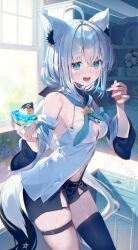 Rule 34 | 1girl, :d, absurdres, ahoge, animal ear fluff, animal ear piercing, animal ears, aqua eyes, black ribbon, black shorts, black thighhighs, blue neckerchief, blush, breasts, commentary request, cup, detached sleeves, double-parted bangs, eating, extra ears, fingernails, fox ears, fox girl, fox tail, front slit, hair between eyes, hair ribbon, hands up, highres, holding, holding cup, holding spoon, hololive, hood, hooded vest, hoodie, indoors, long hair, long sleeves, looking at viewer, low ponytail, medium breasts, navel, neckerchief, open mouth, pentagram, ponytail, ribbon, samo cha, shirakami fubuki, shirakami fubuki (1st costume), short shorts, shorts, single thighhigh, smile, solo, spoon, tail, thigh strap, thighhighs, very long hair, vest, virtual youtuber, white hair, white sleeves, wide sleeves