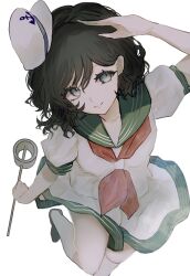 Rule 34 | 1girl, anchor print, arm up, black hair, closed mouth, foot out of frame, from above, gradient background, green eyes, green sailor collar, hair behind ear, hat, highres, hishaku, holding, kneehighs, leg up, light smile, looking to the side, mini hat, mitsusame, murasa minamitsu, neckerchief, puffy short sleeves, puffy sleeves, red neckerchief, sailor, sailor collar, sailor hat, salute, shirt, short hair, short sleeves, shorts, simple background, socks, solo, standing, standing on one leg, touhou, white background, white shirt, white shorts, white socks