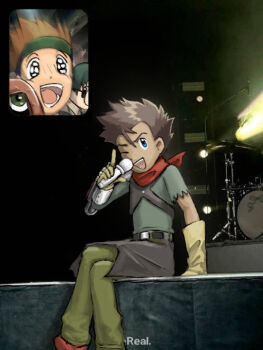 Rule 34 | akiyama ryo, belt, digimon, guardromon, kitagawa kenta, meme, one eye closed, scarf, shiota hirokazu, sitting, wink