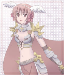 1girl armor belt bikini_armor black_gloves bow breasts brown_belt cape commentary_request cowboy_shot dated_commentary fake_wings feathered_wings gloves hair_bow head_wings looking_at_viewer navel open_mouth pelvic_curtain pink_bow pink_eyes pink_hair polka_dot polka_dot_background ragnarok_online red_cape rune_knight_(ragnarok_online) sharari short_hair small_breasts smile solo spiked_pauldrons vambraces white_wings wings