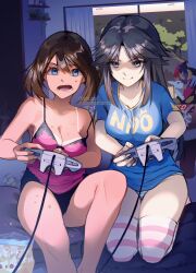 Rule 34 | 2girls, alternate color, ariekochan, bare shoulders, blue eyes, breasts, brown eyes, brown hair, cleavage, closed mouth, collarbone, crumbs, fighting, food, game console, gen 3 pokemon, highres, holding, indoors, large breasts, leaf (pokemon), long hair, may (pokemon), multiple girls, nintendo, nintendo 64, open mouth, panties, playing games, pokemon, pokemon frlg, pokemon rse, ralts, seviper, shiny pokemon, shirt, short hair, short sleeves, smile, tan, tank top, tanline, thighhighs, underwear, zangoose