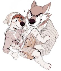 2boys animal_ears bad_id bad_tumblr_id bara barefoot blush bodi_(rock_dog) bulge carrying carrying_person claws dangpa dog_boy dog_ears dog_tail erection erection_under_clothes furry furry_male grin linnux_(rock_dog) looking_at_another looking_at_crotch looking_down male_focus monochrome multiple_boys musical_note rock_dog sepia sketch smile tail wolf_boy wolf_ears