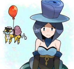 Rule 34 | 1girl, air balloon (pokemon), balloon, bare shoulders, battle chatelaine, black corset, black gloves, blue dress, blue eyes, blue hair, blue hat, chiimako, corset, detached collar, dress, elbow gloves, evelyn (pokemon), floating, frown, gen 2 pokemon, gloves, hat, legendary pokemon, light blush, looking at viewer, multicolored hair, nintendo, pokemon, pokemon (creature), pokemon xy, raikou, short hair, solo, strapless, strapless dress, top hat, two-tone hair, upper body, wavy mouth