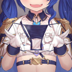 1girl amamiya_kokoro amamiya_kokoro_(2nd_costume) blue_hair bow bow_panties commission epaulettes eyes_out_of_frame facing_viewer fang gloves head_out_of_frame holding holding_panties holding_underwear holding_unworn_clothes long_hair nijisanji open_mouth panties pixiv_commission presenting_removed_panties revision skin_fang solo torimaru twintails underwear unworn_panties virtual_youtuber white_gloves