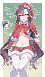 1boy 1girl :d ahoge alternate_costume bite_mark black_gloves black_hair border bow bowtie breasts capelet chibi chibi_inset christmas cleavage dated eyelashes feet_out_of_frame fur-trimmed_capelet fur-trimmed_gloves fur-trimmed_headwear fur-trimmed_skirt fur_trim genderswap genderswap_(mtf) gloves green_background hair_between_eyes hair_down hair_ribbon half_updo hand_up hat heart hickey highres holding holding_pom_poms invisible_chair kimako_(kimako_8) lan_wangji long_hair looking_at_viewer medium_breasts midriff miniskirt modao_zushi navel no_bra official_alternate_hairstyle open_mouth outside_border panties panties_around_leg parted_bangs pom_pom_(cheerleading) pom_pom_(clothes) pom_poms purple_eyes red_bow red_bowtie red_capelet red_eyes red_hat red_ribbon red_skirt revealing_clothes ribbon santa_costume santa_hat sidelocks sitting skirt smile solo_focus speech_bubble stomach thighhighs twitter_username underboob underwear unworn_panties very_long_hair watermark wei_wuxian wei_wuxian_(yiling_laozu) white_border white_thighhighs zettai_ryouiki