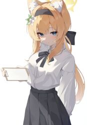 1girl absurdres alternate_costume alternate_hairstyle animal_ear_fluff animal_ears black_hairband black_skirt blue_archive blue_eyes breasts cat_ears cat_girl clipboard closed_mouth commentary_request flower hair_flower hair_intakes hair_ornament hairband halo highres holding holding_clipboard k_cyp long_hair looking_at_viewer mari_(blue_archive) medium_breasts shirt simple_background skirt smile solo white_background white_shirt yellow_halo
