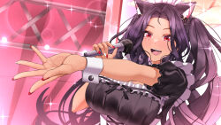 Rule 34 | 1girl, absurdres, animal ear fluff, animal ears, black dress, black hair, breasts, cat ears, cat girl, dress, highres, holding, holding microphone, landacdeus, long hair, maid headdress, microphone, mole, mole under eye, multiple moles, nijisanji, nijisanji en, open mouth, red eyes, red nails, scarle yonaguni, second-party source, smile, solo, two-tone nails, upper body, virtual youtuber, white nails, white wrist cuffs, wrist cuffs