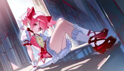 1girl closed_mouth commentary_request full_body gloves highres indoors kaname_madoka knees_up looking_at_viewer magical_girl mahou_shoujo_madoka_magica pink_eyes pink_hair puffy_short_sleeves puffy_sleeves red_shoes shadow shoes short_hair short_sleeves short_twintails sitting smile socks solo twintails white_gloves white_socks zhaohua