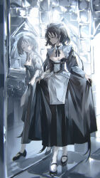 1girl absurdres apron black_dress black_hair black_ribbon black_shoes breasts cleavage cleavage_cutout closed_mouth clothing_cutout dress hat highres long_hair original parted_bangs reflection ribbon shoes skirt_hold socks solo white_apron white_hat white_socks zadun