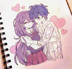 1boy 1girl blush closed_eyes closed_mouth collared_shirt colored_skin heart hero_(headspace)_(omori) hero_(omori) hug long_hair long_sleeves looking_at_another mari_(headspace)_(omori) mari_(omori) my_loleeta omori pajamas pleated_skirt purple_eyes purple_hair purple_sweater_vest red_skirt shirt short_hair short_sleeves skirt smile sweat sweater_vest traditional_media white_shirt white_skin