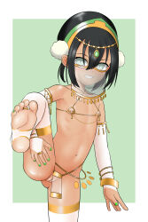 1girl absurdres avatar:_the_last_airbender avatar_legends bangle barefoot black_hair blind bracelet circlet cleft_of_venus collarbone detached_sleeves feet female_focus flat_chest gluteal_fold green_eyes green_hairband green_nails grin hair_between_eyes hairband highres jewelry leg_hold leg_up loli looking_at_viewer mouth_veil nail_polish navel nipple_piercing nippleless_clothes nipples pelvic_curtain piercing pom_pom_(clothes) pussy see-through_clothes short_hair sidelocks smile soles solo standing standing_on_one_leg stirrup_legwear tan teeth thighhighs thighs toeless_legwear toenail_polish toenails toes toph_beifong uncensored veil ylcken