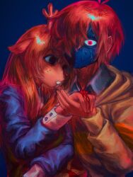 1girl 1other ahoge animal_ears antlers black_eyes blonde_hair blood blue_background blue_shirt brown_hair buck_teeth deer_antlers deer_ears deer_girl deltarune empty_eyes freckles green_sweater hashtag-only_commentary highres holding_hands horns injury kris_(deltarune) leaning_on_person long_hair mask natia_jpeg noelle_holiday red_eyes red_nose shirt short_hair simple_background spoilers sweat sweatdrop sweater teeth watermark weird_route_(deltarune)