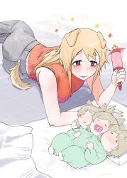 :3 =_= animal_ears baby babywearing bags_under_eyes blonde_hair blush breasts brown_hair cerberus conjoined dog_ears dog_girl dog_tail exhausted highres long_hair lying maikamiaka messy_hair mole mole_under_eye mother_and_child mother_and_daughter motherly multiple_girls multiple_heads on_stomach open_mouth original pacifier pants playing red_eyes ribbed_sweater shaking sharp_teeth shirt short_hair simple_background skirt smile spoken_flower spoken_star star_(symbol) sweater tail tail_wagging teeth tongue tongue_out white_background