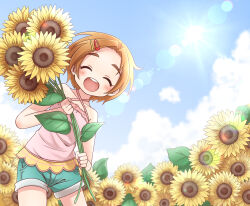 1girl ^_^ absurdres blue_sky brown_hair child closed_eyes cloud cowboy_shot day facing_viewer field flat_chest flower flower_field hair_ornament hairclip highres idolmaster idolmaster_cinderella_girls maka073 open_mouth outdoors ryuzaki_kaoru short_hair short_shorts shorts sky solo sun sunflower teeth upper_teeth_only