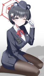 1girl absurdres animal_ear_fluff animal_ears black_eyes black_hair black_pantyhose black_skirt black_suit blue_archive bow bowtie breasts closed_mouth commentary_request flower formal_clothes garrison_cap gloves hair_flower hair_ornament halo hat highres jei_(user_tckk7448) large_breasts long_sleeves looking_at_viewer official_alternate_costume one_eye_closed pantyhose raccoon_ears raccoon_girl red_bow red_bowtie red_halo shirt short_hair simple_background sitting skirt solo suit tsubaki_(blue_archive) tsubaki_(guide)_(blue_archive) walkie-talkie white_background white_gloves white_shirt