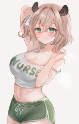 1girl animal_ears arm_up arms_up bare_shoulders blush breasts brown_hair camisole cleavage closed_mouth clothes_writing collarbone commentary_request gradient_background green_eyes green_shorts grey_background hair_between_eyes hair_ribbon hand_up highres indie_virtual_youtuber large_breasts looking_at_viewer medium_hair navel nikoo nimi_nightmare nimi_nightmare_(tapir) one_side_up ribbon short_hair short_shorts shorts side_slit side_slit_shorts simple_background smile solo standing stomach strap_slip tank_top tapir_ears tapir_girl thighs virtual_youtuber white_background white_camisole white_ribbon white_tank_top
