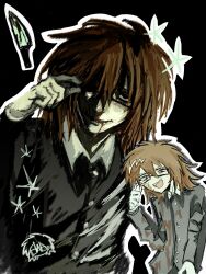 1boy black_eyes brown_hair dirty evil_smile fangs glasses highres looking_at_viewer male_focus randal&#039;s_friends randal_ivory shirt short_hair simple_background smile solo upper_body xx_hiyoko_xx