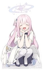 1girl absurdres angel_wings blue_archive blush capelet closed_eyes commentary dress facing_viewer hair_bun halo happy happy_birthday highres kafuukamiya long_hair low_wings mika_(blue_archive) open_mouth own_hands_together pantyhose pink_hair pink_halo scrunchie simple_background single_side_bun smile solo squatting white_background white_capelet white_dress white_pantyhose wings wrist_scrunchie