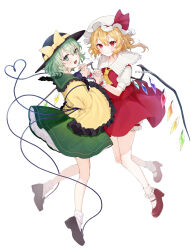 2girls :d absurdres ankle_socks ascot black_hat black_shoes blonde_hair bow brown_footwear closed_mouth collar collared_shirt commentary_request crystal_wings eyebrows_hidden_by_hair eyelashes facing_another fading flandre_scarlet floating floral_print foot_up frilled_collar frilled_sleeves frilled_socks frills full_body green_eyes green_skirt hair_between_eyes hat hat_bow hat_ribbon heart heart_of_string high_heels highres hiwokawa interlocked_fingers komeiji_koishi light_blush light_smile loafers long_sleeves looking_at_viewer mary_janes medium_hair mob_cap multiple_girls open_mouth pointy_ears puffy_short_sleeves puffy_sleeves red_eyes red_ribbon red_shoes red_vest ribbon rose_print shirt shoes short_hair short_sleeves side_ponytail simple_background skirt skirt_set smile socks third_eye touhou twitter_username vest white_background white_shirt white_socks wings wrist_cuffs yellow_ascot yellow_bow yellow_shirt