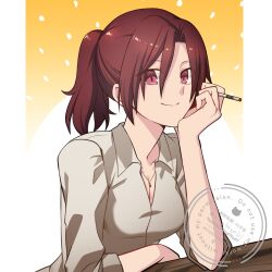 1girl aozaki_touko breasts cigarette cleavage collarbone collared_shirt commentary elbow_on_table hair_between_eyes hand_on_own_chin head_rest highres hirakawa holding holding_cigarette jewelry kara_no_kyoukai leaning_forward long_hair looking_at_viewer mature_female necklace pendant pink_eyes polka_dot polka_dot_background ponytail red_hair shirt sidelocks sitting smile solo table two-tone_background upper_body watermark white_background white_shirt yellow_background