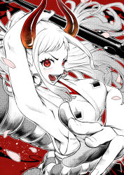 1girl absurdres arm_over_head arm_up armpits breasts cleavage club club_(weapon) curled_horns earrings falling_petals fingernails floating_hair foreshortening hair_ornament hair_stick hakama high_ponytail highres holding holding_weapon hoop_earrings horns japanese_clothes jewelry kanabou kiguchi_hikaru kimono large_breasts long_hair looking_at_viewer low-cut_armhole monochrome multicolored_hair multicolored_horns no_bra one_piece oni open_mouth orange_horns petals ponytail red_background red_eyes red_hakama red_horns rope shimenawa sideboob simple_background sleeveless sleeveless_kimono smile solo upper_body very_long_hair weapon yamato_(one_piece)