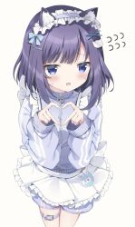1girl animal_ear_fluff animal_ears apron belt blue_bow blue_eyes blush bow cat_ears cat_hair_ornament commentary_request cowboy_shot ears_through_headwear flying_sweatdrops four-finger_heart_hands frilled_apron frilled_hairband frills fuiba_fuyu furrowed_brow gochuumon_wa_usagi_desu_ka? hair_bow hair_ornament hairband heart heart_hands highres jacket jersey_maid kemonomimi_mode long_sleeves maid medium_hair open_mouth pizzzica purple_belt purple_hair purple_hairband purple_jacket purple_shorts shorts solo sweat thigh_belt thigh_strap track_jacket unconventional_maid white_apron white_background x_hair_ornament