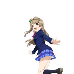 Rule 34 | 1girl, :d, anime coloring, black shoes, black socks, blazer, blue jacket, blue skirt, blunt bangs, blush, bow, bowtie, brown hair, diagonal-striped bow, diagonal-striped bowtie, diagonal-striped clothes, dress shirt, feet out of frame, from below, from side, green bow, hair bow, jacket, kneehighs, leg up, loafers, long hair, long sleeves, looking at viewer, looking down, looking to the side, love live!, love live! school idol festival, love live! school idol project, minami kotori, miniskirt, official art, one side up, open hands, open mouth, otonokizaka school uniform, outstretched arms, palms, petticoat, plaid clothes, plaid skirt, pleated skirt, red bow, red bowtie, school uniform, shirt, shoes, skirt, smile, socks, solo, spread arms, spread fingers, standing, standing on one leg, striped clothes, teeth, three quarter view, transparent background, upper teeth only, white shirt, winter uniform, yellow eyes