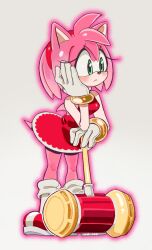 1girl amy_rose boots commentary dress frown full_body furry furry_female gloves green_eyes hairband hammer hand_on_own_cheek hand_on_own_face hedgehog_girl highres neokira_(http_ne0) pink_fur short_dress short_hair sleeveless sleeveless_dress solo sonic_(series)