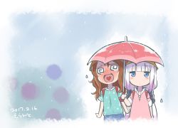10s 2017 2girls :d :o @_@ artist_name beads blue_eyes blue_shirt blunt_bangs brown_hair dated dragon_girl errant flower gradient_background hair_beads hair_ornament half-closed_eyes happy heart heart_in_mouth highres holding holding_umbrella hydrangea kanna_kamui kobayashi-san_chi_no_maidragon long_hair low_twintails multiple_girls open_mouth pink_shirt polka_dot polka_dot_shirt rain saikawa_riko shared_umbrella shirt short_sleeves silver_hair simple_background smile symbol-shaped_pupils take_it_home twintails umbrella wavy_mouth white_background yuri