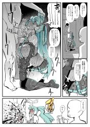 1girl 2boys absurdres aqua_hair aqua_necktie armbinder barefoot bdsm blood bondage boots bound breasts breasts_squeezed_together cellphone clothed_female_nude_male commentary erection full_body grabbing_another&#039;s_hair greyscale guro hatsune_miku highres indoors kneeling large_breasts looking_at_another mask monochrome mouth_mask multiple_boys necktie nude penis phone pleated_skirt respirator sashizume_soutarou skindentation skirt smartphone speech_bubble spot_color standing sweat testicles thigh_boots translated twintails vocaloid