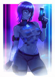 1girl arm_tattoo black_leotard breasts commentary covered_navel cyberpunk digital_dissolve dissolving_clothes distortion english_commentary finger_on_trigger ghost_in_the_shell ghost_in_the_shell:_sac_2045 ghost_in_the_shell:_stand_alone_complex glitch glowing_tattoo gun handgun highleg highleg_leotard holding holding_gun holding_weapon iahfy kusanagi_motoko leotard lowleg lowleg_pants medium_breasts medium_hair multicolored_background neon_lights neon_trim no_bra pants pistol pouch purple_eyes purple_hair science_fiction smoke smoking_barrel solo standing synthwave tattoo thigh_pouch thigh_strap thighs weapon