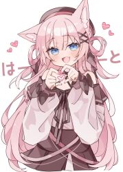 1girl :d animal_ear_fluff animal_ears bare_shoulders blue_eyes blush bow brown_bow brown_dress brown_hat brown_ribbon commentary cropped_torso dress fang four-finger_heart_hands fox_ears fox_girl hair_ornament halter_dress halterneck hat heart heart_hands heart_in_eye highres long_hair long_sleeves looking_at_viewer neck_ribbon off-shoulder_dress off_shoulder open_mouth original pink_hair ribbon ringouulu simple_background skin_fang sleeve_bow smile solo symbol_in_eye twitter_username very_long_hair white_background x_hair_ornament