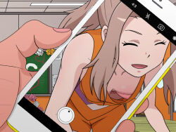 Rule 34 | 1girl, bra, brown hair, closed eyes, digimon, digimon adventure tri., happy, smile, tachikawa mimi, underwear, wardrobe malfunction