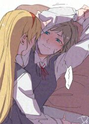 2girls adversarial_noise blonde_hair blue_eyes blush closed_mouth dress grey_dress grey_hair hairband heanna_sumire highres long_hair long_sleeves love_live! love_live!_superstar!! multiple_girls neck_ribbon nervous pinafore_dress red_hairband red_ribbon ribbon school_uniform shirt sleeveless sleeveless_dress speech_bubble surfacedxxc sweatdrop tang_keke white_shirt yuigaoka_school_uniform yuri
