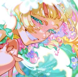 1girl ^_^ artist_name asymmetrical_bangs bare_shoulders blonde_hair blunt_bangs closed_eyes colored_eyelashes commentary commentary_request english_commentary floating_hair grin hand_on_own_knee happy highres mixed-language_commentary nail_polish ocean original pink_nails smile solo translation_request upper_body yoneyama_mai