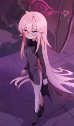 1girl absurdres alternate_costume blue_archive blue_eyes boots breasts hair_between_eyes halo heterochromia highres hoshino_(blue_archive) hoshino_terror_(blue_archive) long_hair lunashin pink_hair pink_halo small_breasts solo thighs yellow_eyes