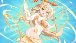 Rule 34 | 1girl, blonde hair, bodysuit, feathered wings, gabriel (sakura cupid), gloves, hair ornament, hairpin, holding, holding weapon, ponytail, sakura cupid, standing, weapon, whip, wings, yellow eyes